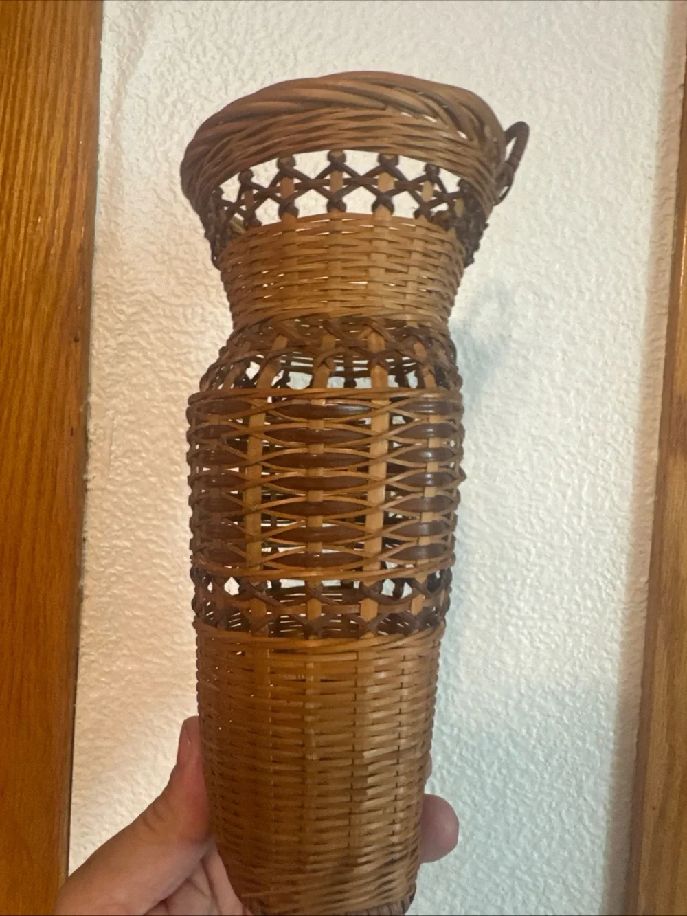 vintage two-toned woven wicker wall pocket basket